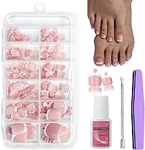 French Fake Toe Nails Set - 120PCS Short Square False Toenails Kit With Glue - White French Tip Pink Full Cover Fake Toe Nails - Acrylic Stick on Toenails Tip for Women Nail Art DIY Gift