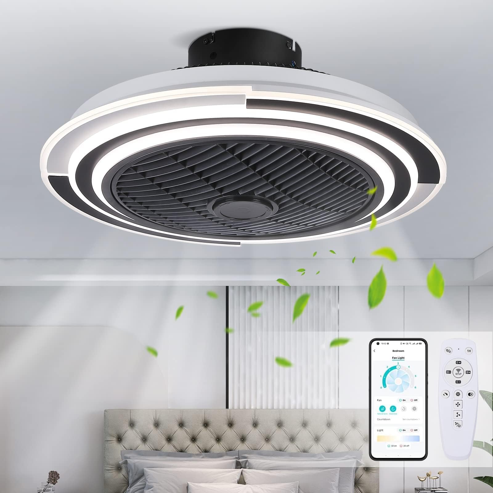 Wooden LED Ceiling Light With Fan, Ceiling Fan Lights 6 Levels Wind Speeds, Stepless Dimming Light, Reversible, Modern Fan Lighting For Living Room, Dining Room, Bedroom, Office, 3000-6500K ( Color