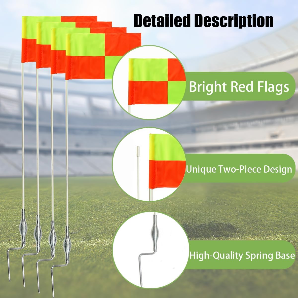 4 Pcs Soccer Corner Flags Set，67-Inch Portable Soccer Agility Poles and Football Field Corner Flags，Spring Mounted Spike Corner Flag Poles for Outdoor Grass Fields, Agility Training Soccer Equipment