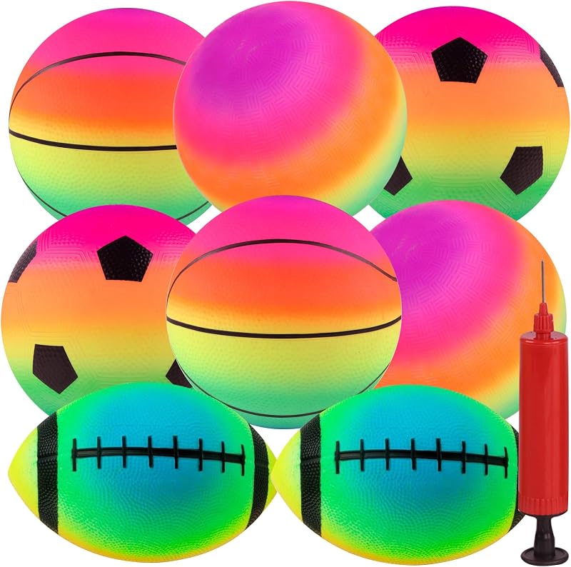 Rainbow Sports Balls, 8 Pack 8.5" Bounce Neon Playground Balls | Soccer Basketball Football Sports Rubber Kick Balls for Indoor Outdoor Activities Birthday Gift