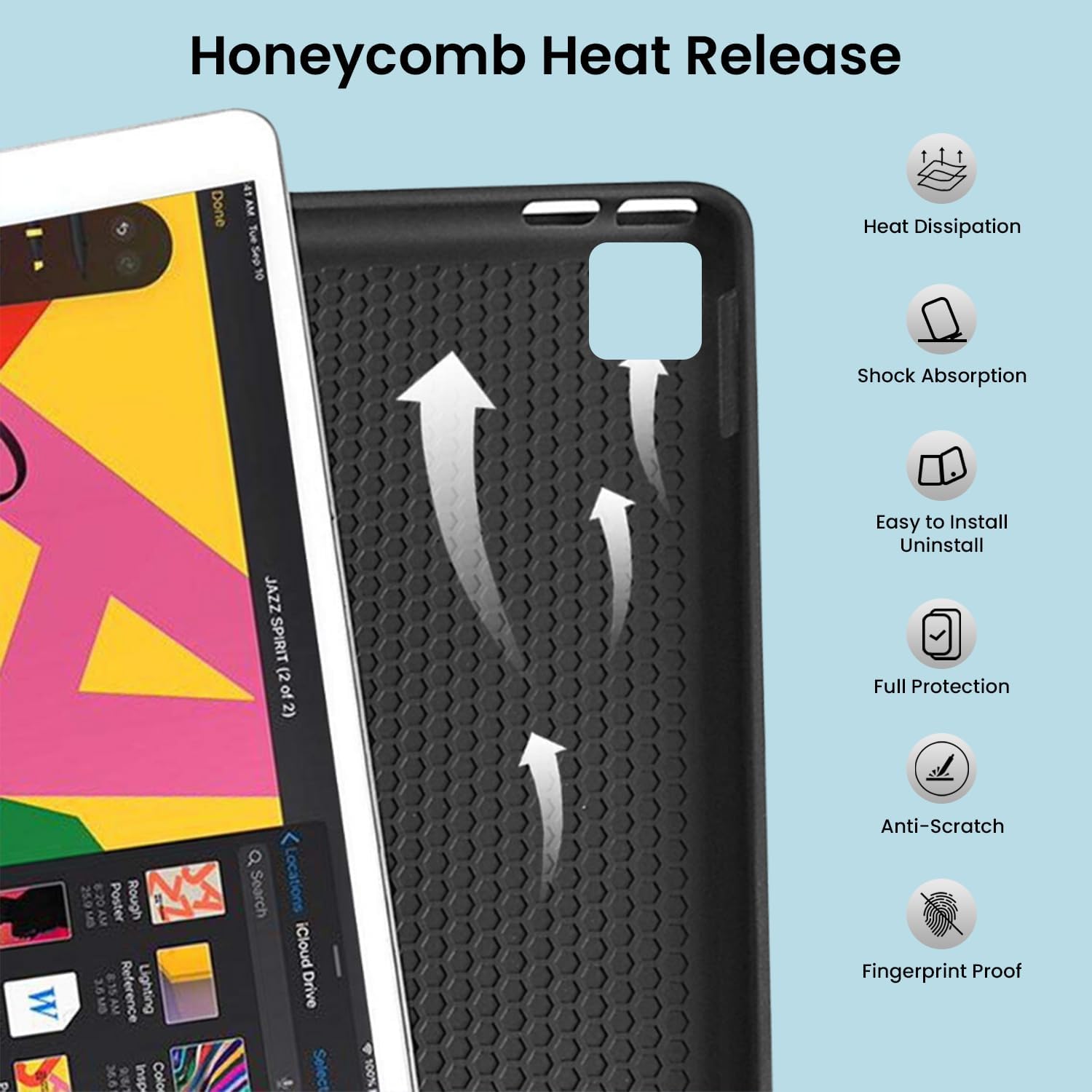 Close-up of the iPad case's honeycomb heat release design and features like shock absorption and full protection.