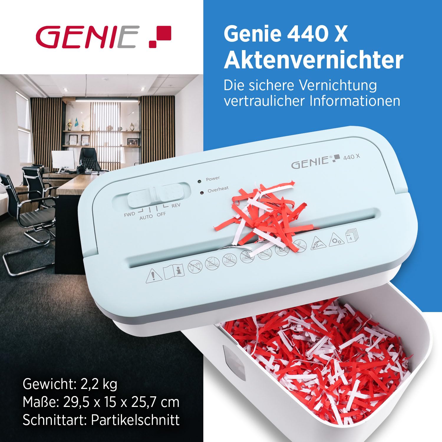 GENIE 440 X Aktenvernichter | Partikelschnitt 4x38 mm | Sicherheitsstufe P-4 | Leise 72 dB | Kompakt & Mobiler Shredder | Automatische Start-/Stopp-Funktion | Überhitzungsschutz Frbe weiß blau
