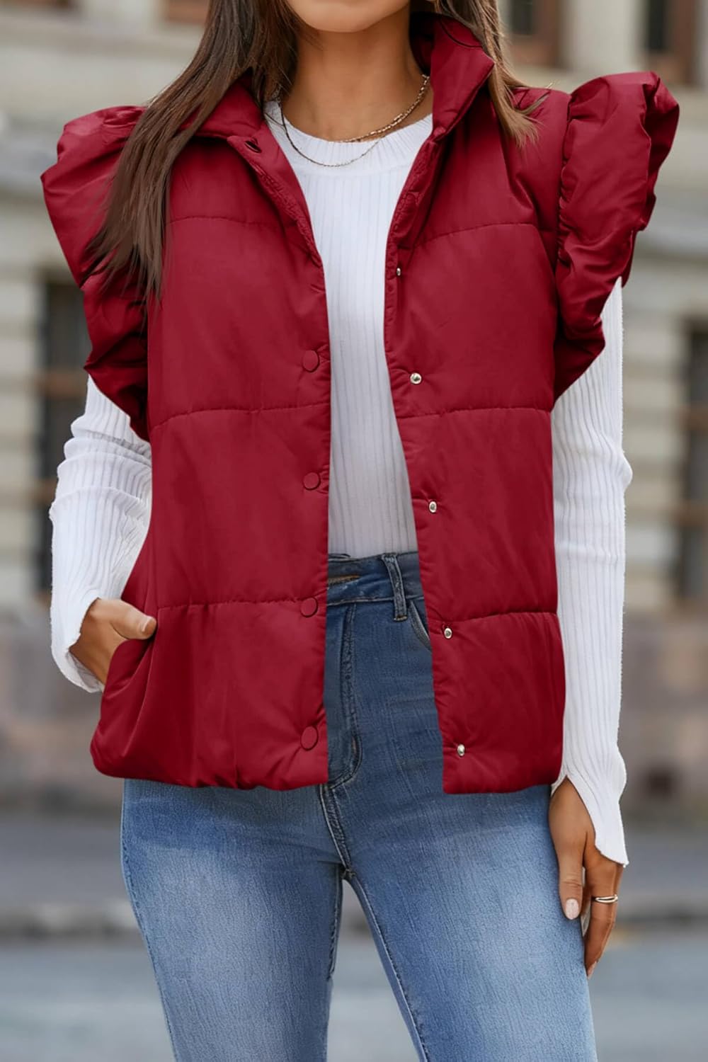 Tankaneo Womens Puffer Vest Ruffle Sleeveless Button Down Winter Warm Padded Gilet Coats - Image 3