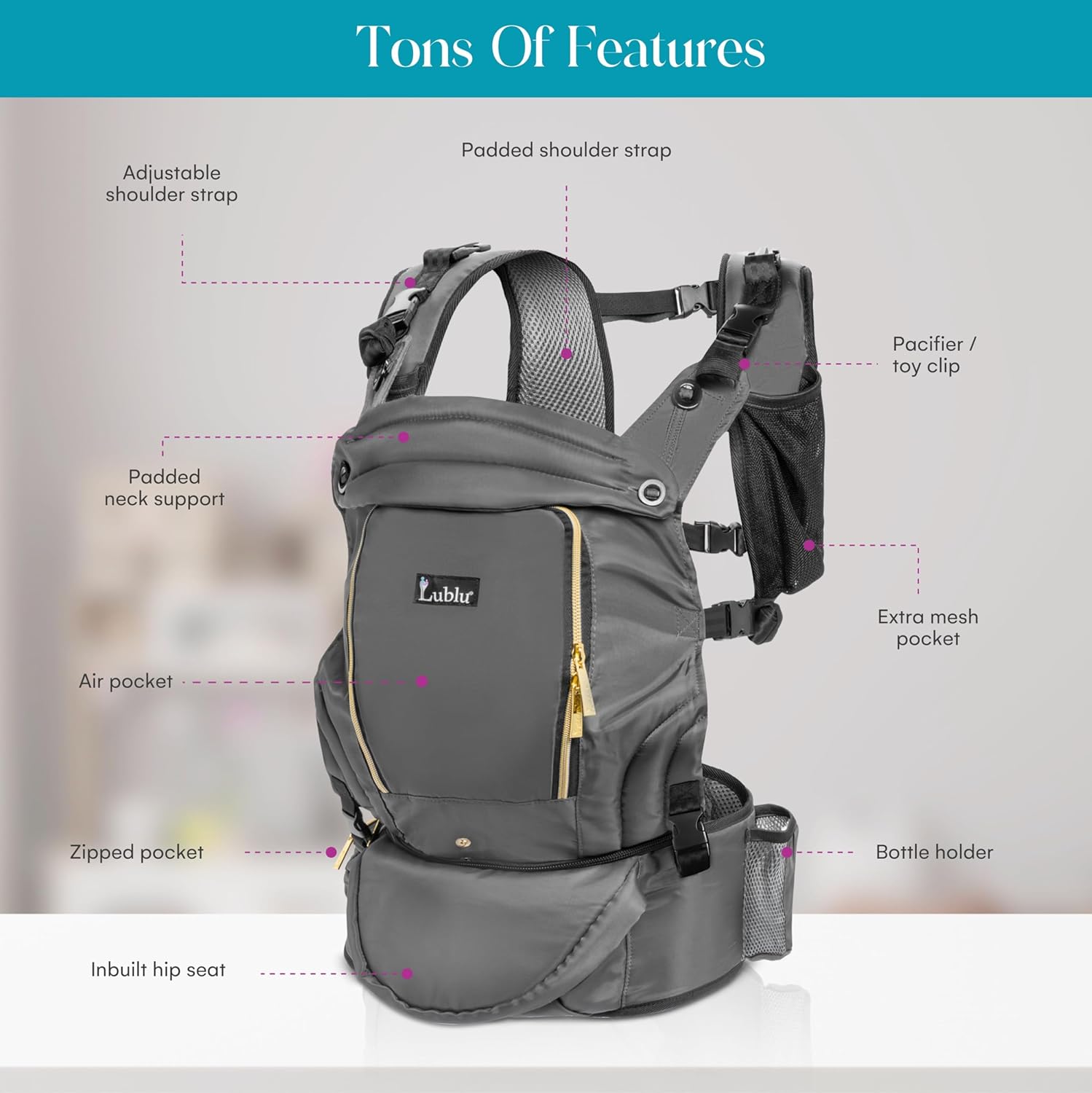 Lublu Diaper Bag Backpack with Baby Carrier, Hip Seat, Changing Pad, Insulated Pockets, Black or Grey