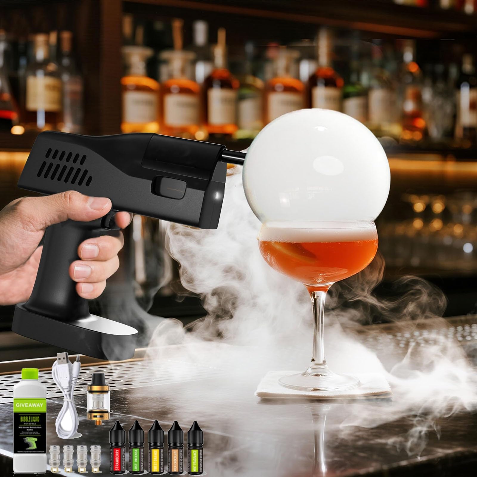 Pistola de humo para cócteles sin llama y con líquido de ahumar