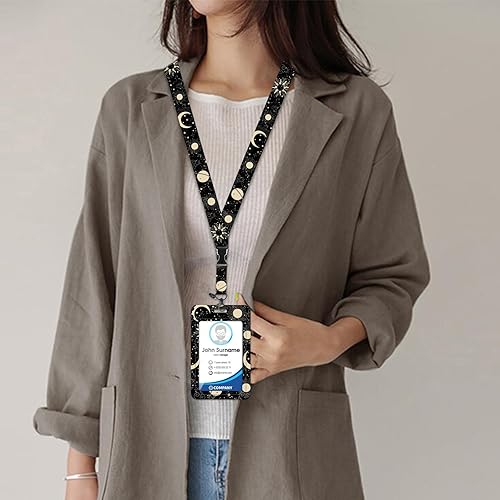 Miniatura 5 de HAKUNEI Soporte para tarjeta de identificación con cordón y clip retráctil para carrete de insignia, luna, sol, tarjeta astrológica, etiqueta de