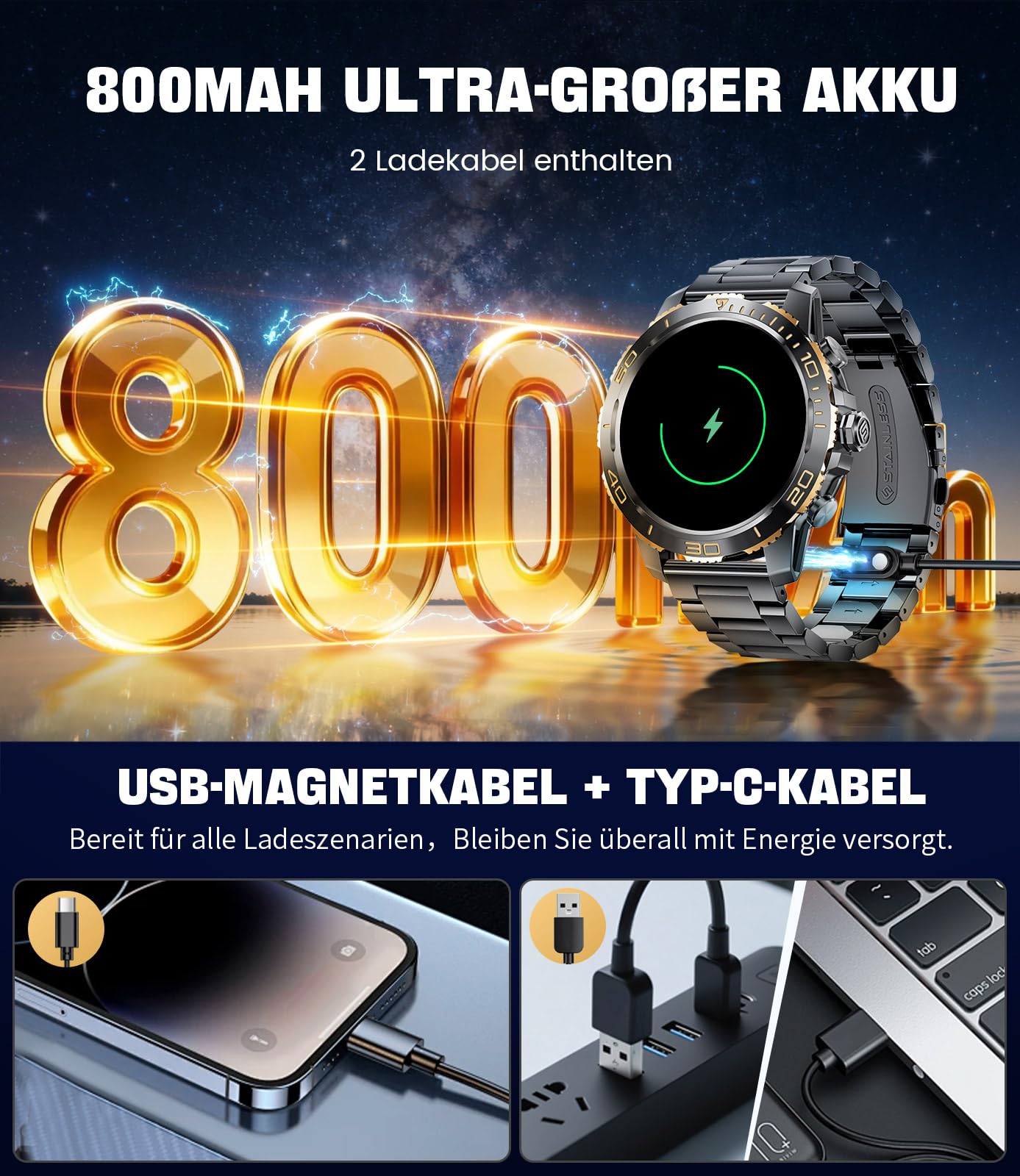 LIGE Montre Connectée Homme avec 800mAh, 1,43" AMOLED Business Smartwatch Homme avec Appel Bluetooth, 200+ Modes Sportifs, Fréquence Cardiaque, SpO2, Suivi du Sommeil pour Android iOS 2 Bracelet Noir