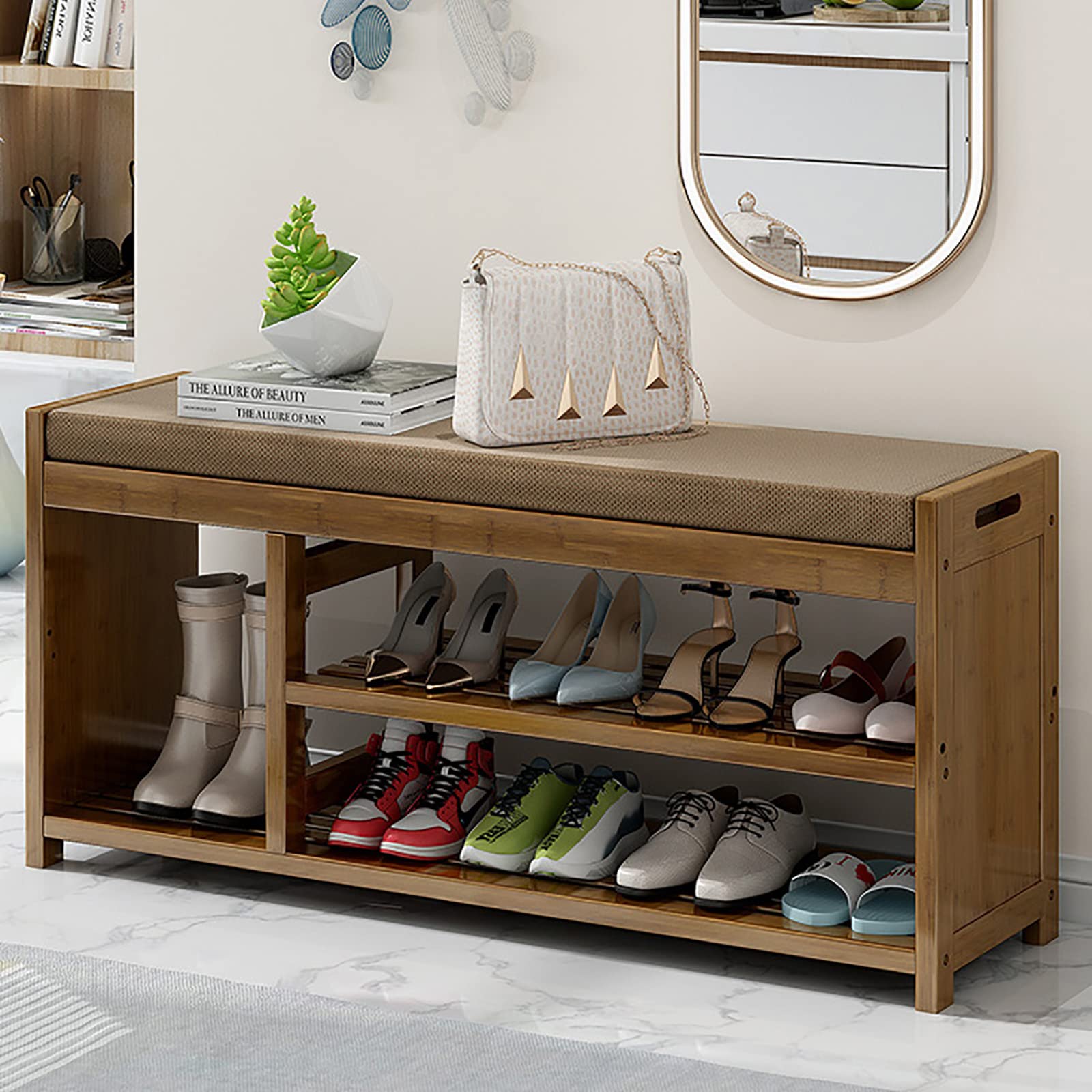 Banc de rangement en bambou 102 cm avec tiroir et assise confort