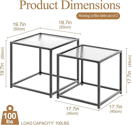 Miniatura 2 de Garden 4 you Juego de 2 mesas de centro, mesa anidable de vidrio con patrón moderno, juego de mesa central cuadrada con marco de metal, mesas