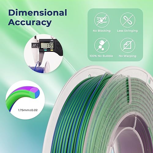 Vista 73 de AMOLEN - Paquete de 4 carretes de filamento de ácido poliláctico de seda para impresora 3D, brillante, bicolor, 1/16 de pulg./1.75 mm, azul Verde