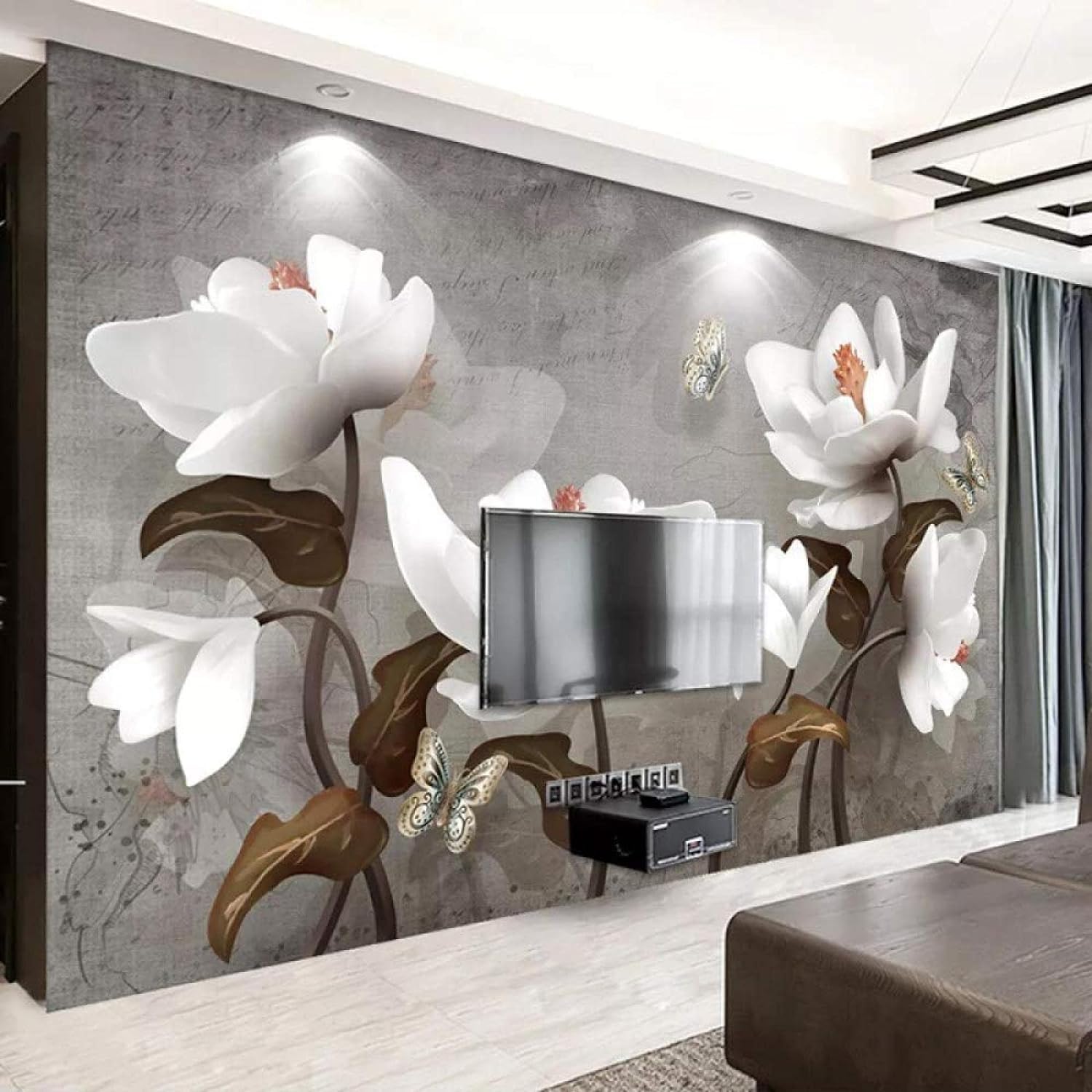 Grande murale pour fond tv plantes fleurs au design relief tridimensionnel