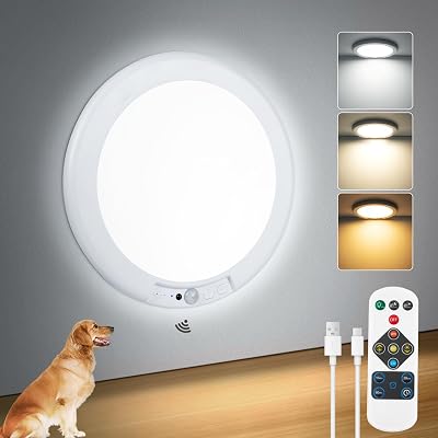7.48" Battery Operated Ceiling Light with Remote, Rechargeable Shower Light Waterproof, Wireless Motion Sensor Ceiling Lights Indoor 3000K/4500K/6500K Dimmable for Bathroom Living Room Closet