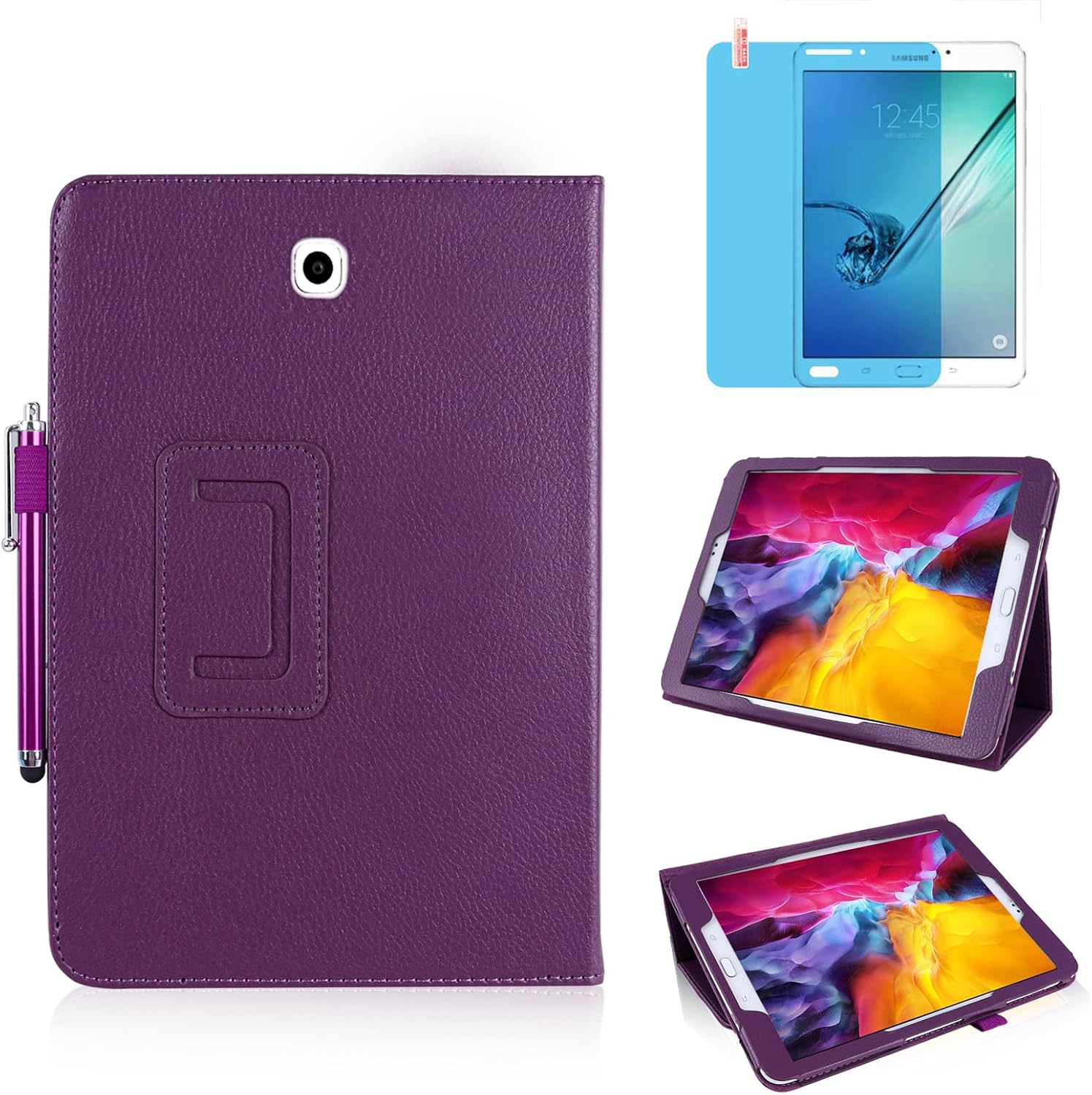 Slim Leather Case for Samsung Galaxy Tab S2 8.0 Inch 2015 (SM-T710 T713 T715 T719), Multi-Angle Stand Full-Protective Tablet Cover Book Case with Stylus Pen,Screen Film (Purple)