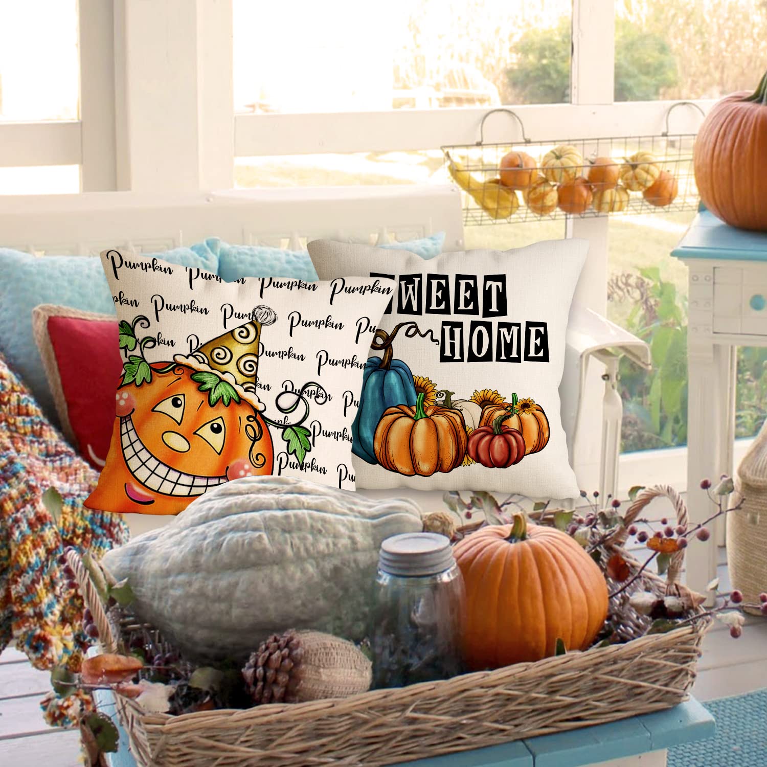 Benjia Housses De Coussin Citrouille Automne – Lot De 2, 50x50 Cm – Décoration Halloween, Thanksgiving, Salon