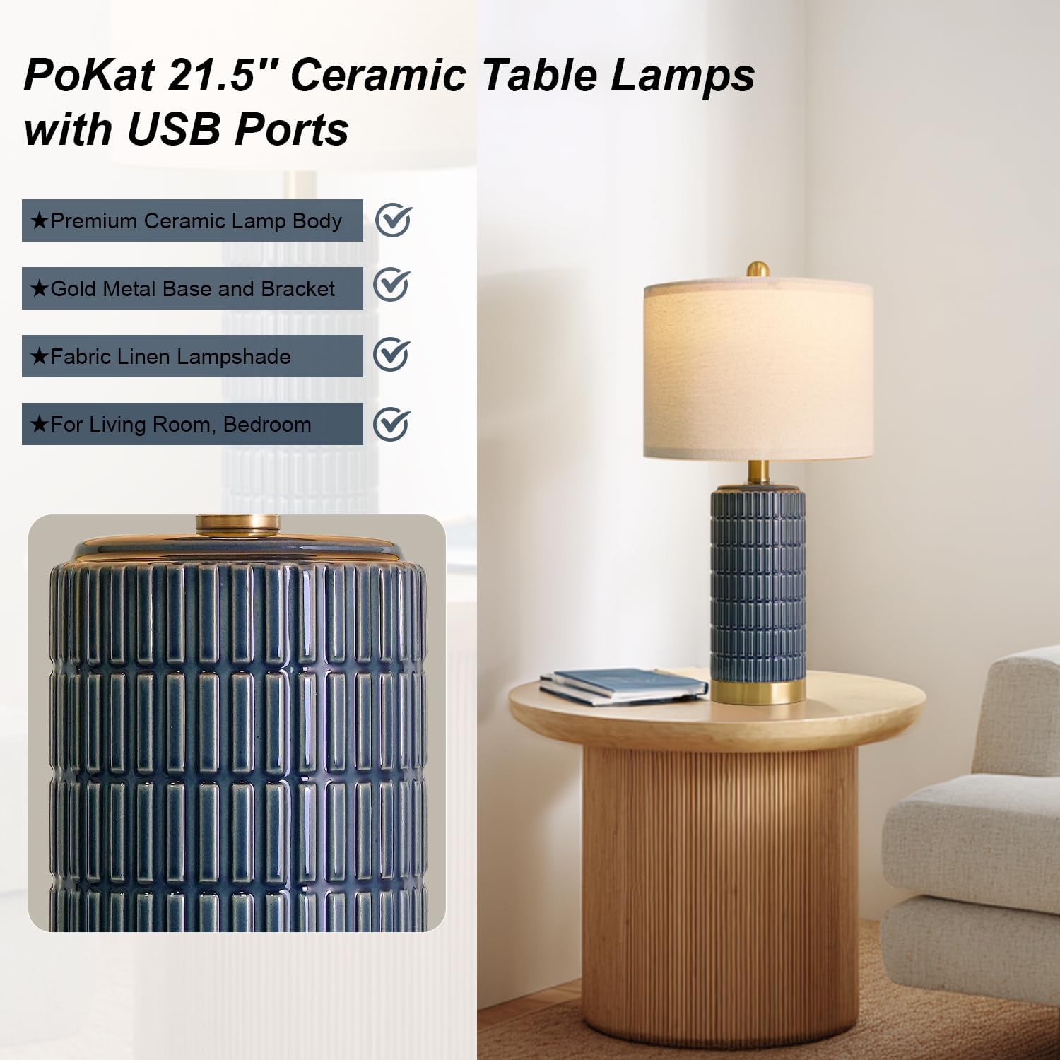  21.5'' Bedside Table Lamps Set of 2 with USB A+C Ports for Living Room, Ceramic Modern Lamps for Bedroom, Small Nightstand Lamps for Office Guest Room Hallway Sideboard Gift Decor (Blue) thumbnail