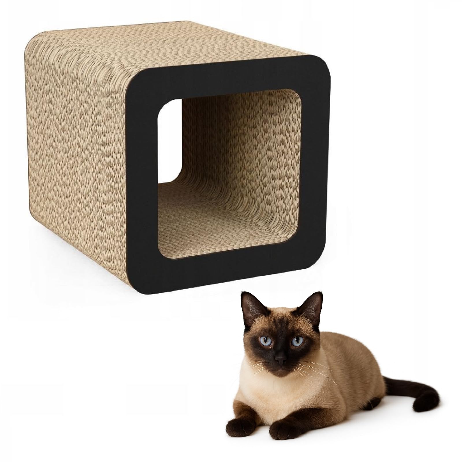 QLS Katzenmöbel aus Wellpappe – 37×30×30 cm – Kratzbrett, Katzenhöhle, Liegeplatz mit Katzenspielzeug & Katzenminze