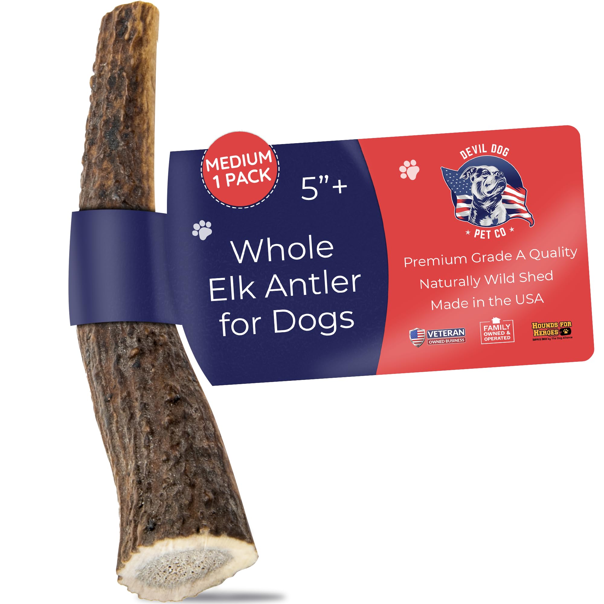 Devil Dog Pet Co Antler Dog Chew - Premium Elk Antlers - Long Lasting Dog Bones for Aggressive Chewers - No Mess No Odor - Wild Shed in The USA - Veteran Owned (Medium)