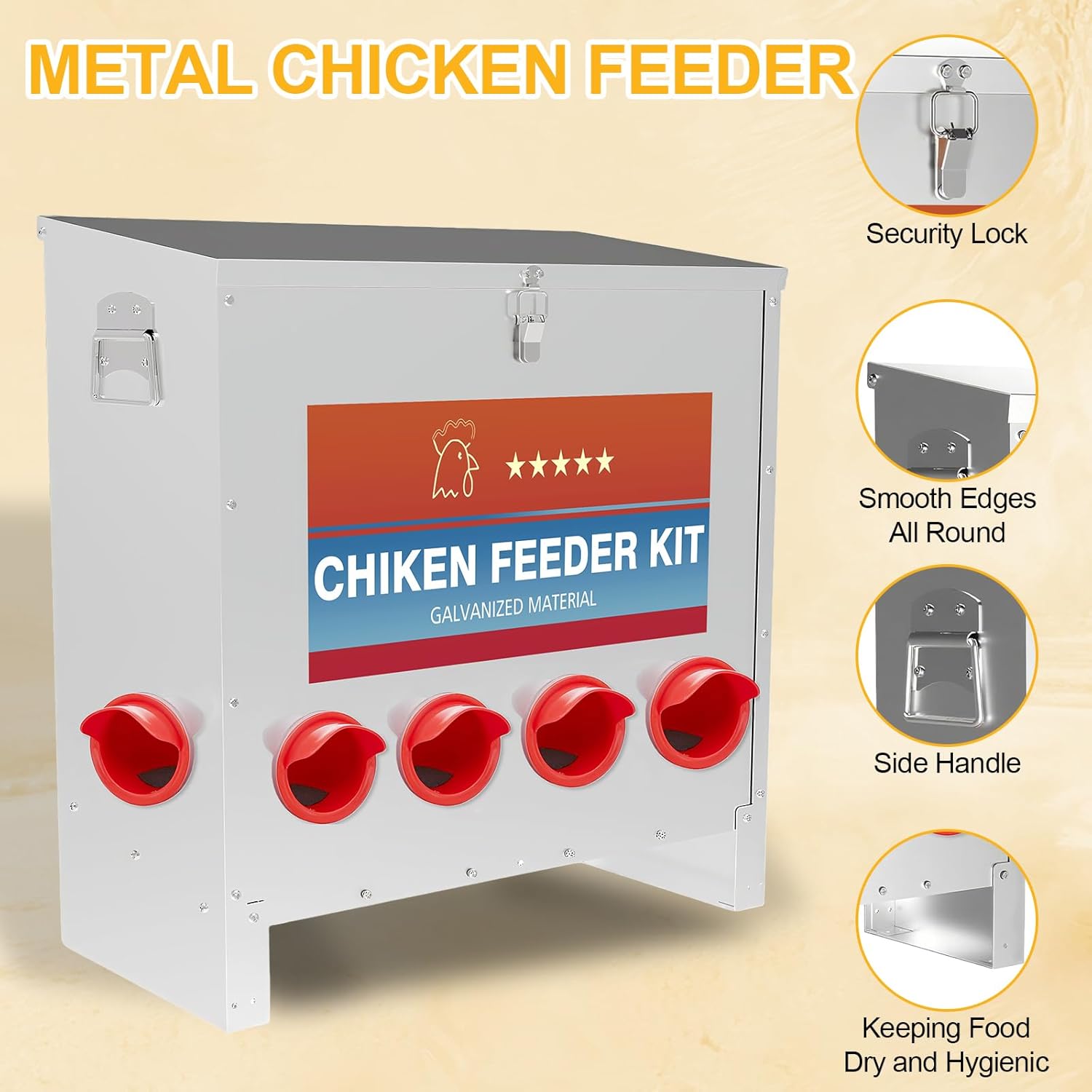 Automatic Chicken Feeder Large Capacity 85lbs Metal Chicken Feeder with Latch & Handle for Chickens, Geese, Ducks, Turkeys, Quails, Weatherproof (6-Port)