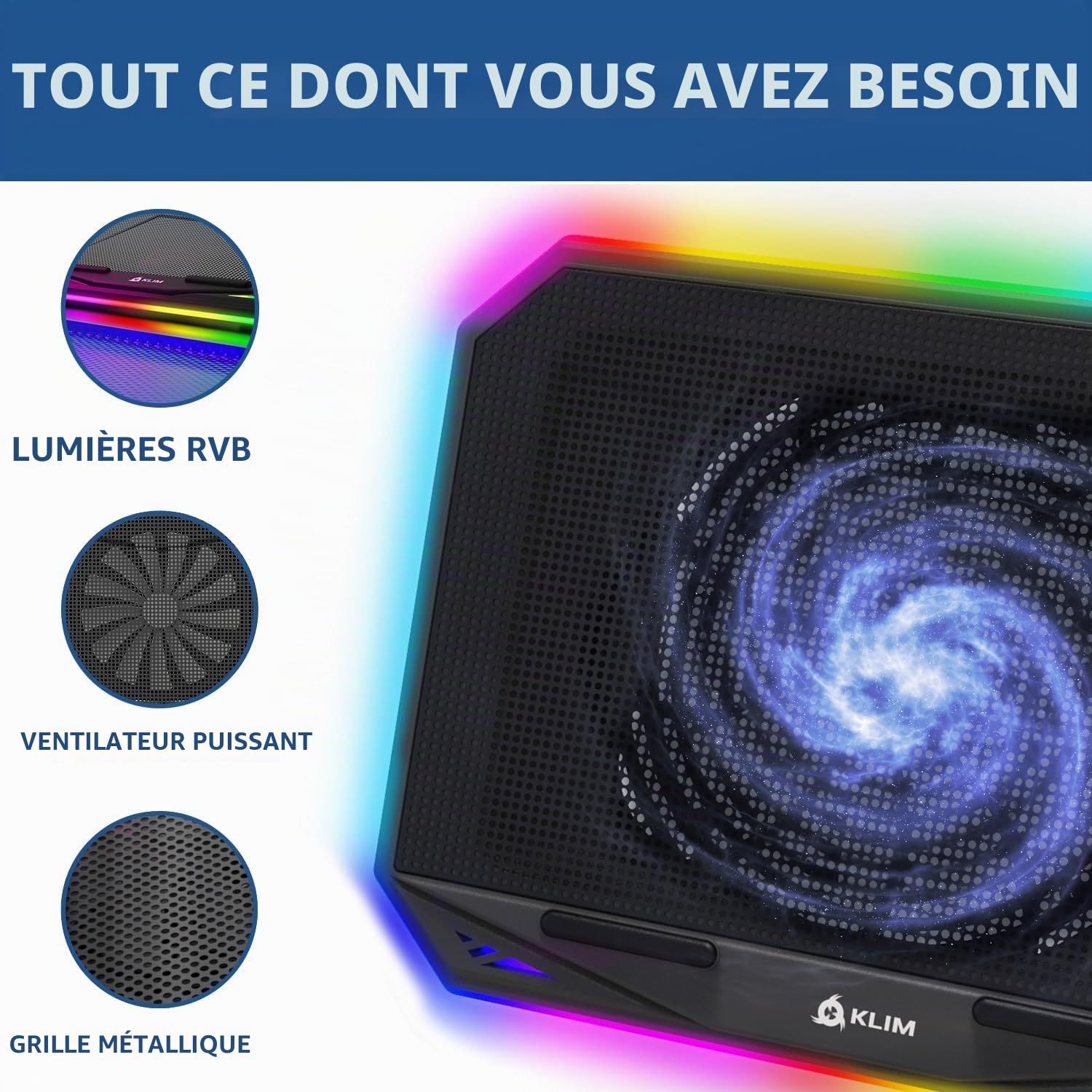 KLIM K21 + Refroidisseur PC Portable RGB + 11" - 17" + Support PC Portable Ventilé Gamer + Ventilateur Puissant + Stable et Silencieux + Compatible Mac et PS4 + NOUVEAUTÉ 2022