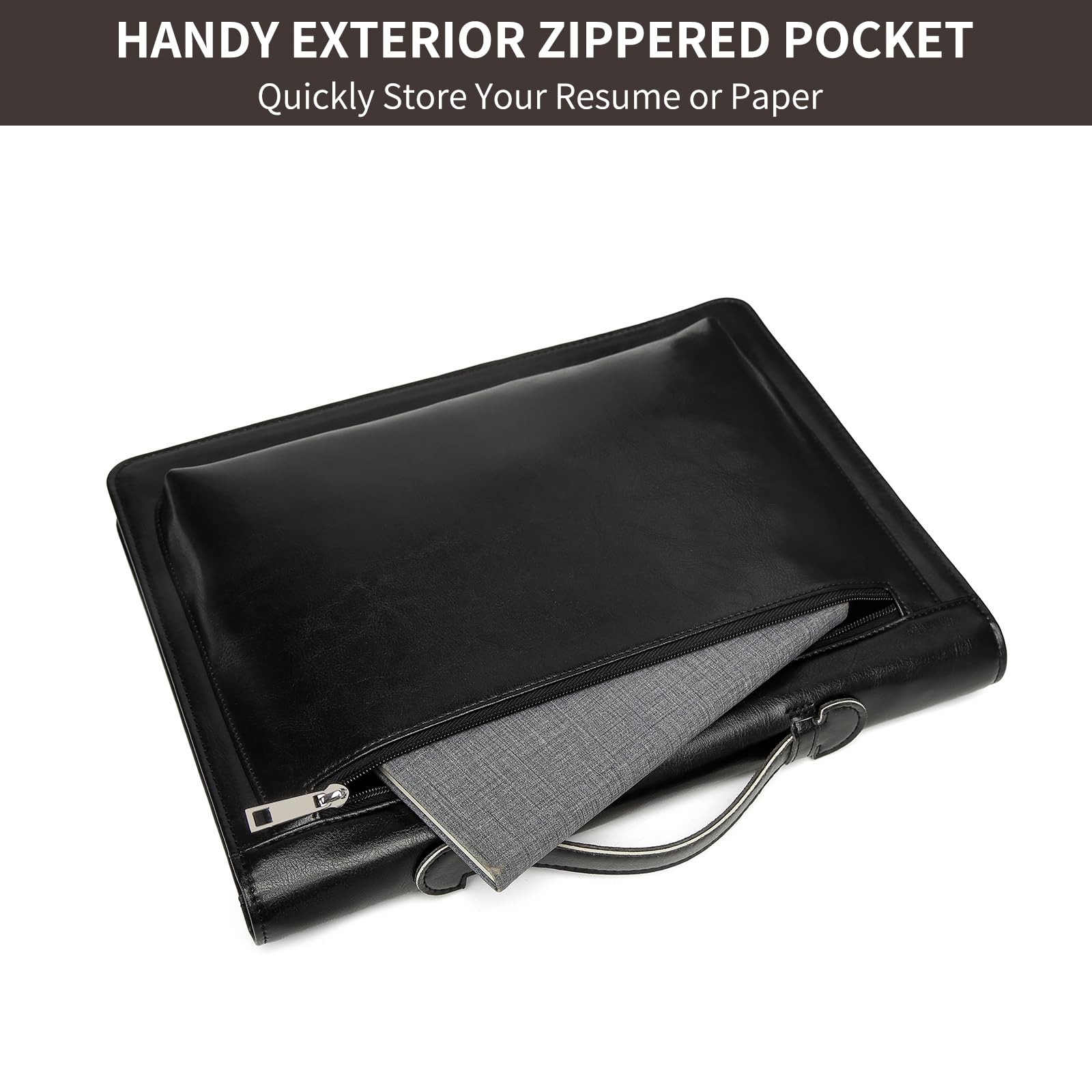 Portfolio in pelle vegana con portablocco, organizer con cerniera e 4 scomparti per biglietti da visita, 2 portapenne, tasca per tablet da 13,3", per donne e uomini, nero