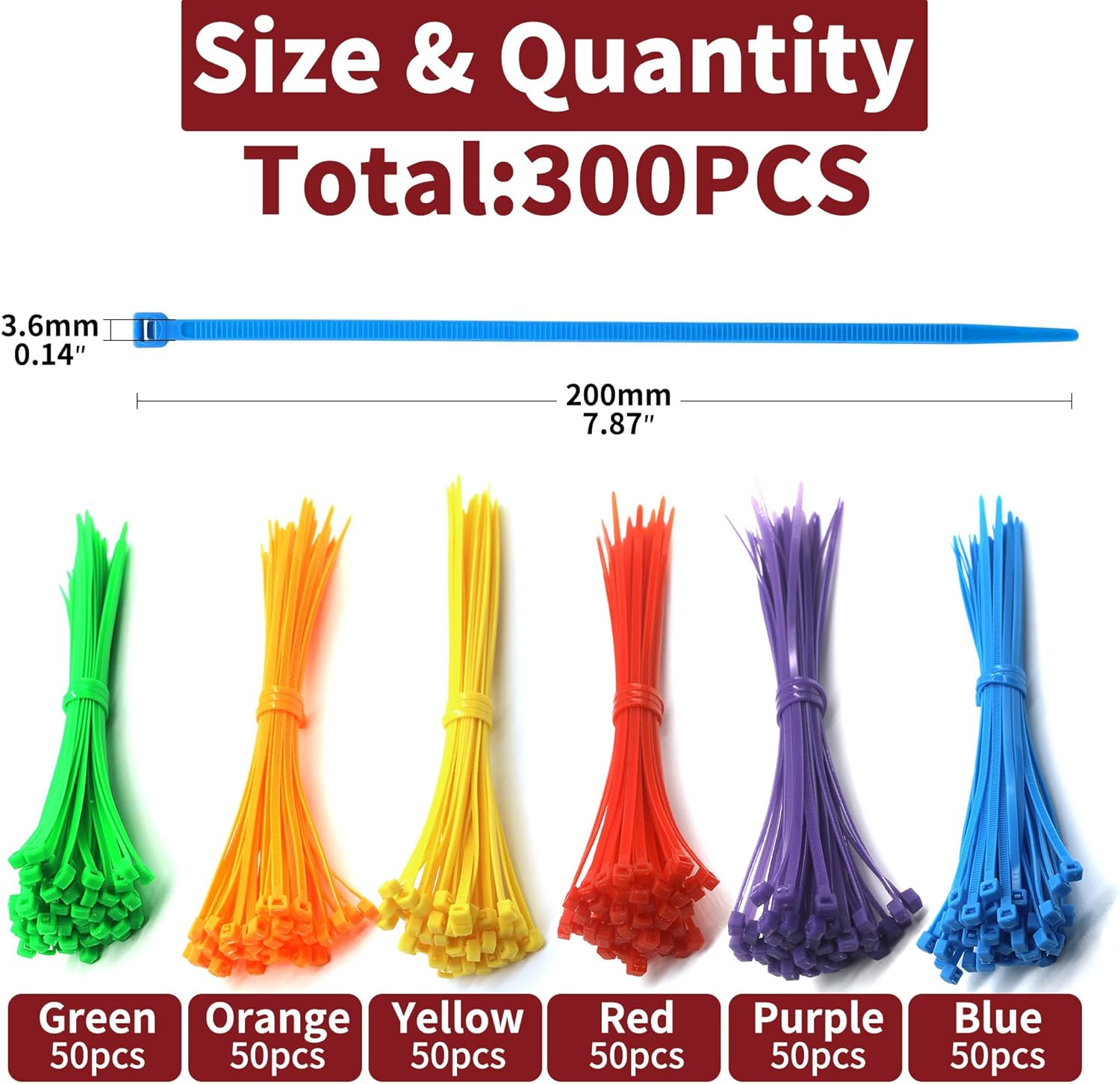 300-Pack 8 Inch Heavy Duty Nylon Cable Ties (6 Colors) - 50lb Strength UV Resistant Multicolor Zip Ties for Garden Clearance, Home Improvement & Cable Management