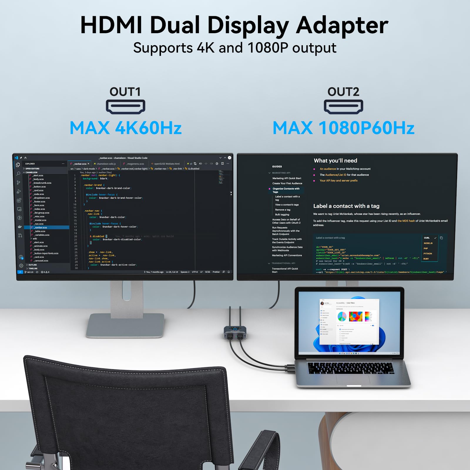 VEDINDUST HDMI Splitter Extend 4K@60Hz zu Dual HDMI Adapter Support Mirror oder Extend kompatibel mit Windows XP/7/8/10/11 und macOS geeignet für Monitore Fernseher Projektoren