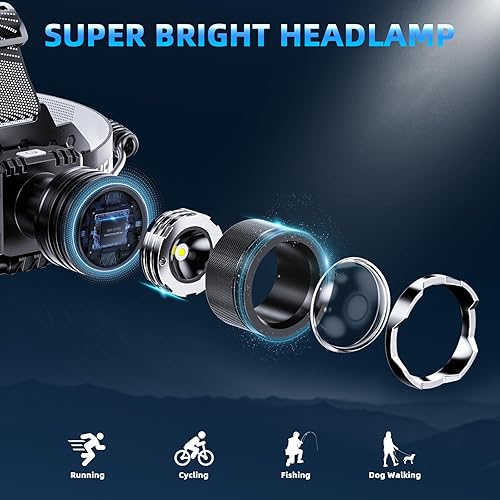 Miniatura 2 de Linterna frontal súper brillante recargable luz LED para cabeza, lámpara de cabeza con zoom con modo de sensor y luz roja trasera, linterna