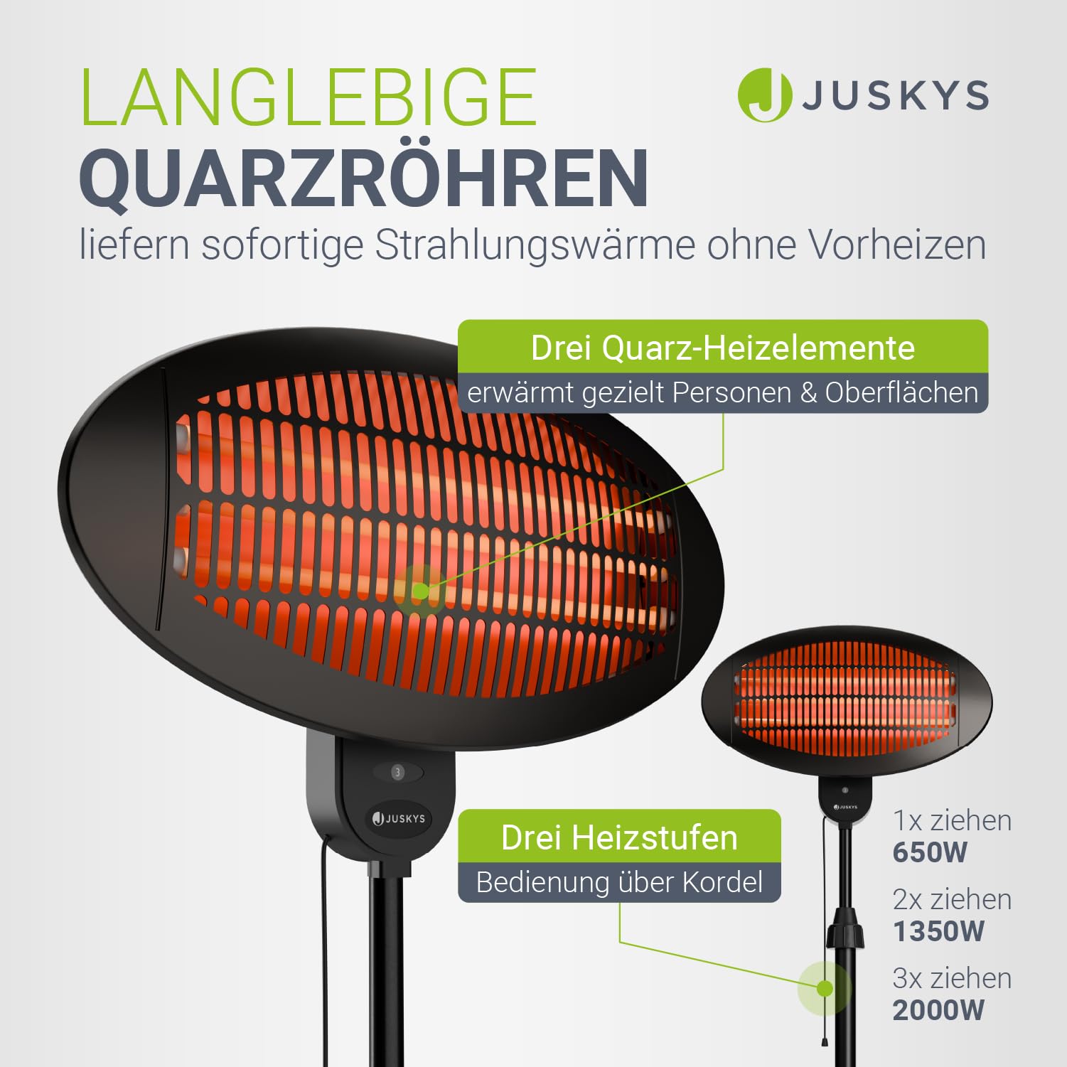 Juskys Infrarotstrahler 2000 W – Heizstrahler in Schwarz, höhenverstellbarer Standheizstrahler, 3 Heizstufen für Terrasse & Garten
