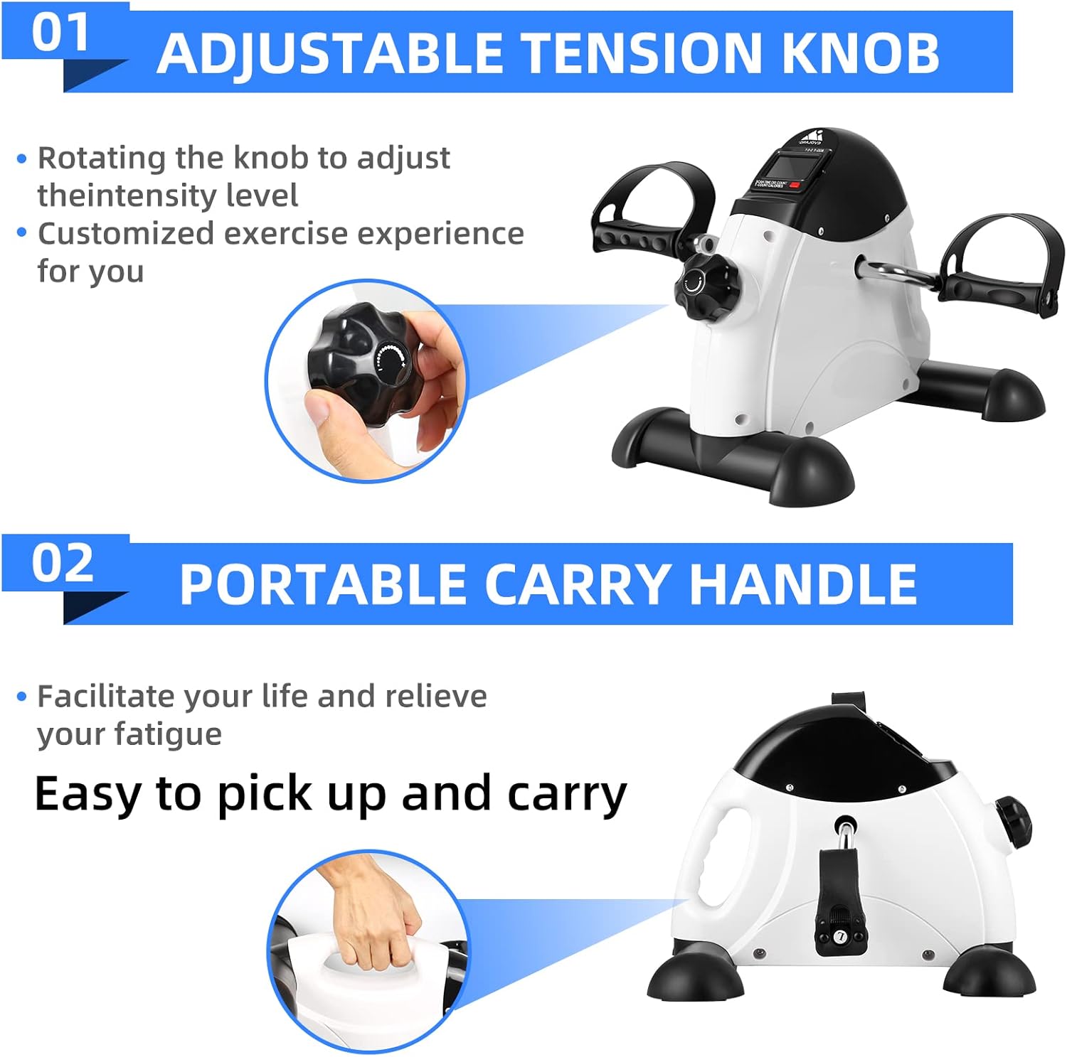 Adjustable tension knob and portable carry handle features of the EVOLAND pedal exerciser.