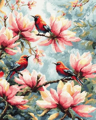 AxiangziK Cross Stitch Kits for Adults 12x16 Inch,Birds on Magnolia Branches 11CT Counted Printed Cross Stitch Kits,Stamped Embroidery for Adults Wall Art Home Decoration 30x40cm