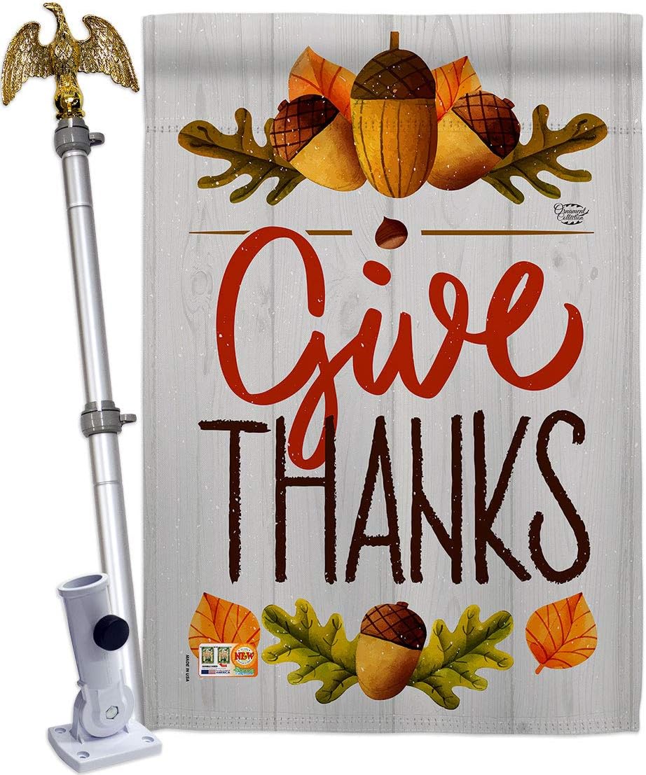 Give Thanks House Flag Falltime Thanksgiving Turkey Gobble Pumpkin Season Autumntime Cornucopia Small Decorative Gift Yard Banner Made In USA 28 X 40