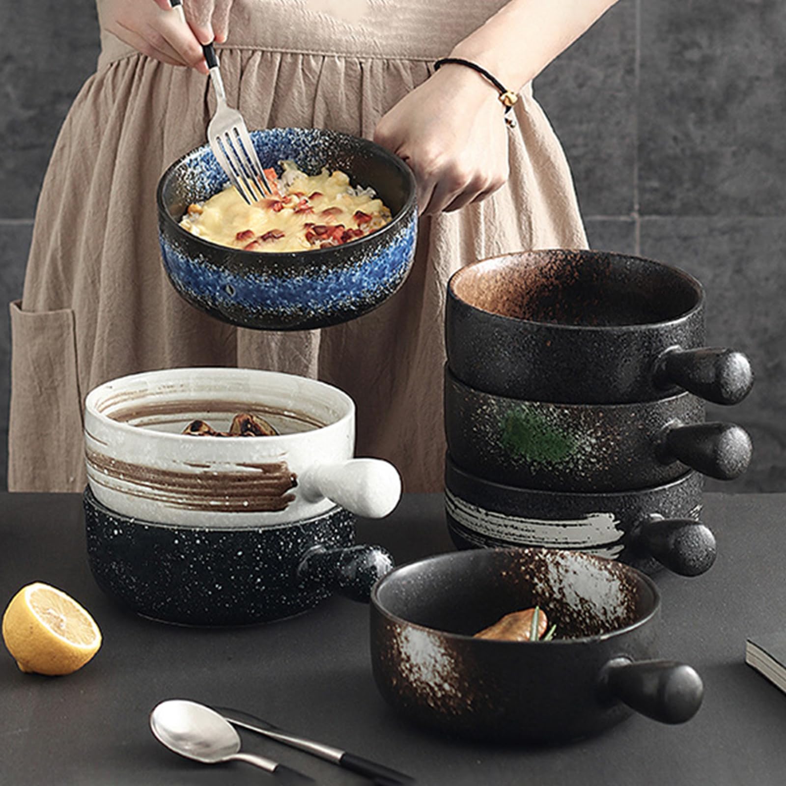 Ceramiczna miska do zupy z uchwytami, kubek do zupy 600 ml, nadaje się do kuchenki mikrofalowej i zmywarki, do zupy cebulowej i innych, idealna do użytku domowego i restauracyjnego