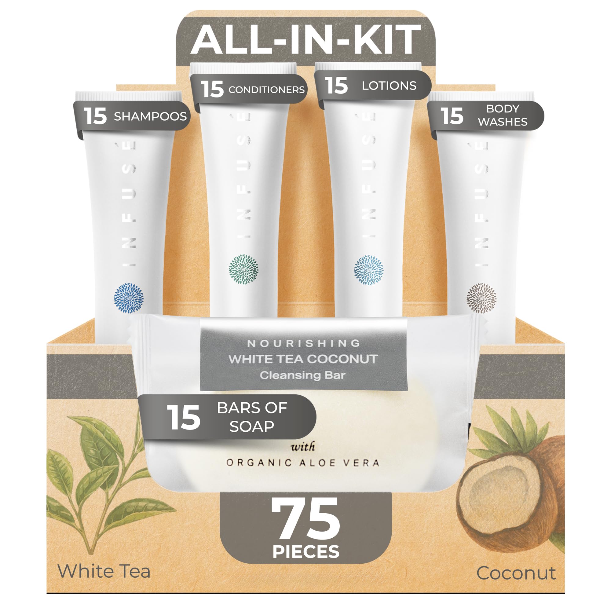 Infuse Pure White Tea and Coconut All-In-Kit Hotel Soaps and Toiletries Bulk Set | 1oz Shampoo & Conditioner, Body Wash, Lotion & 1.25oz Bar Soap | Travel Size 75 Pieces.