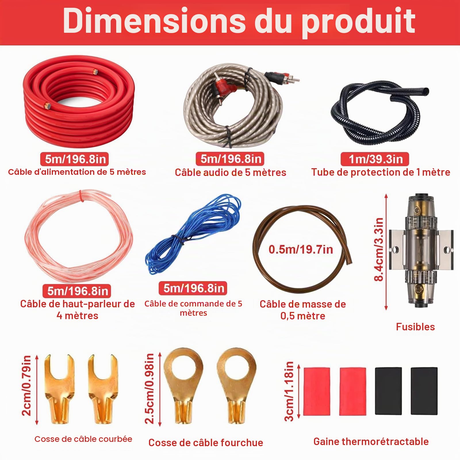 Kit de Câblage Amplificateur, 4GA Amplificateur Haut Parleur Voiture Câble Alimentation Ampli Voiture Câble pour Caisson de Basses, Câblage Amplificateur de Voiture pour La Plupart des Voitures