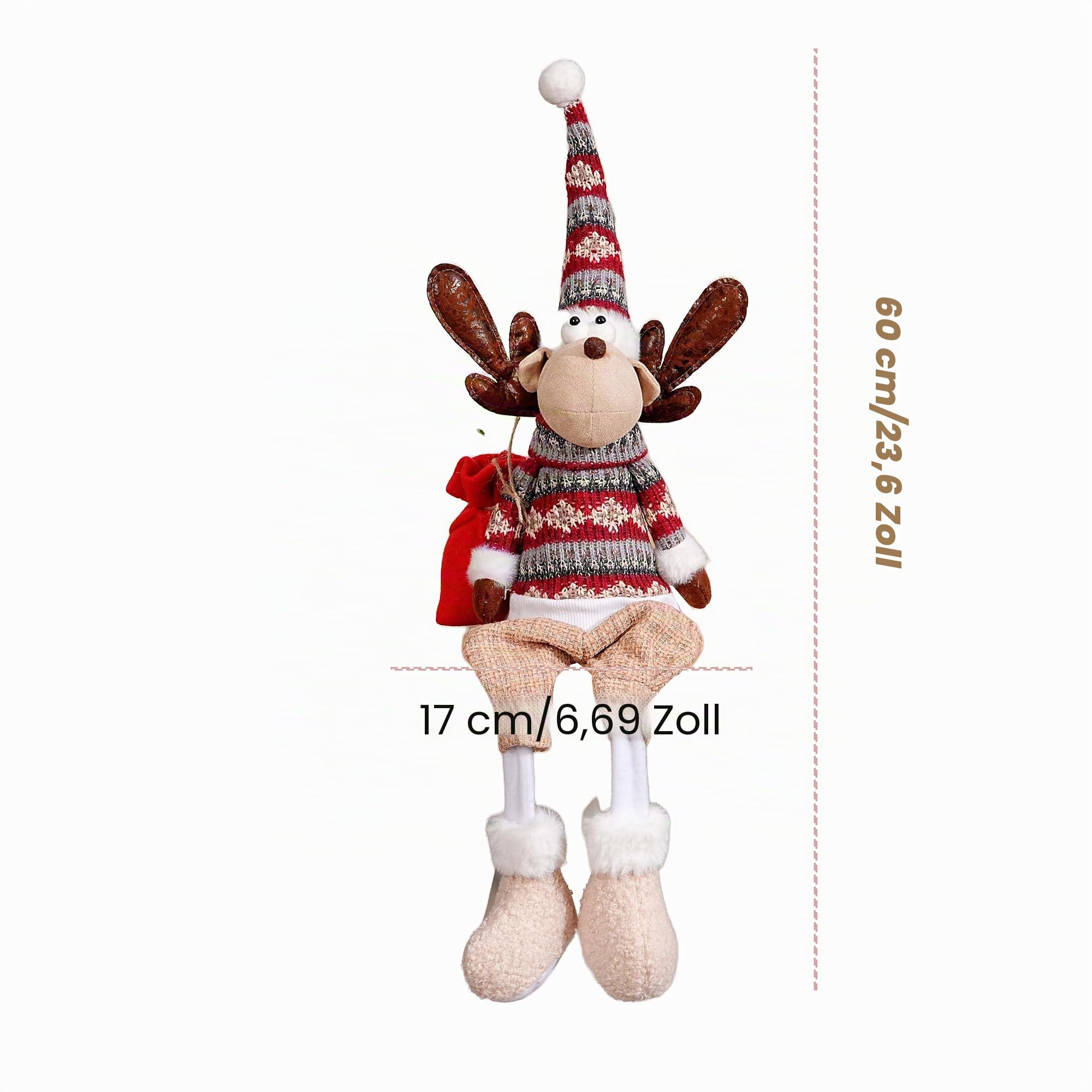 Rentier Regalsitzer Deko 60 cm – lange baumelnde Beine, formbar (Draht in Mütze & Armen), Strickpullover, beschwerter Boden, Weihnachtsdeko für Regal Kamin Sims Fensterbank