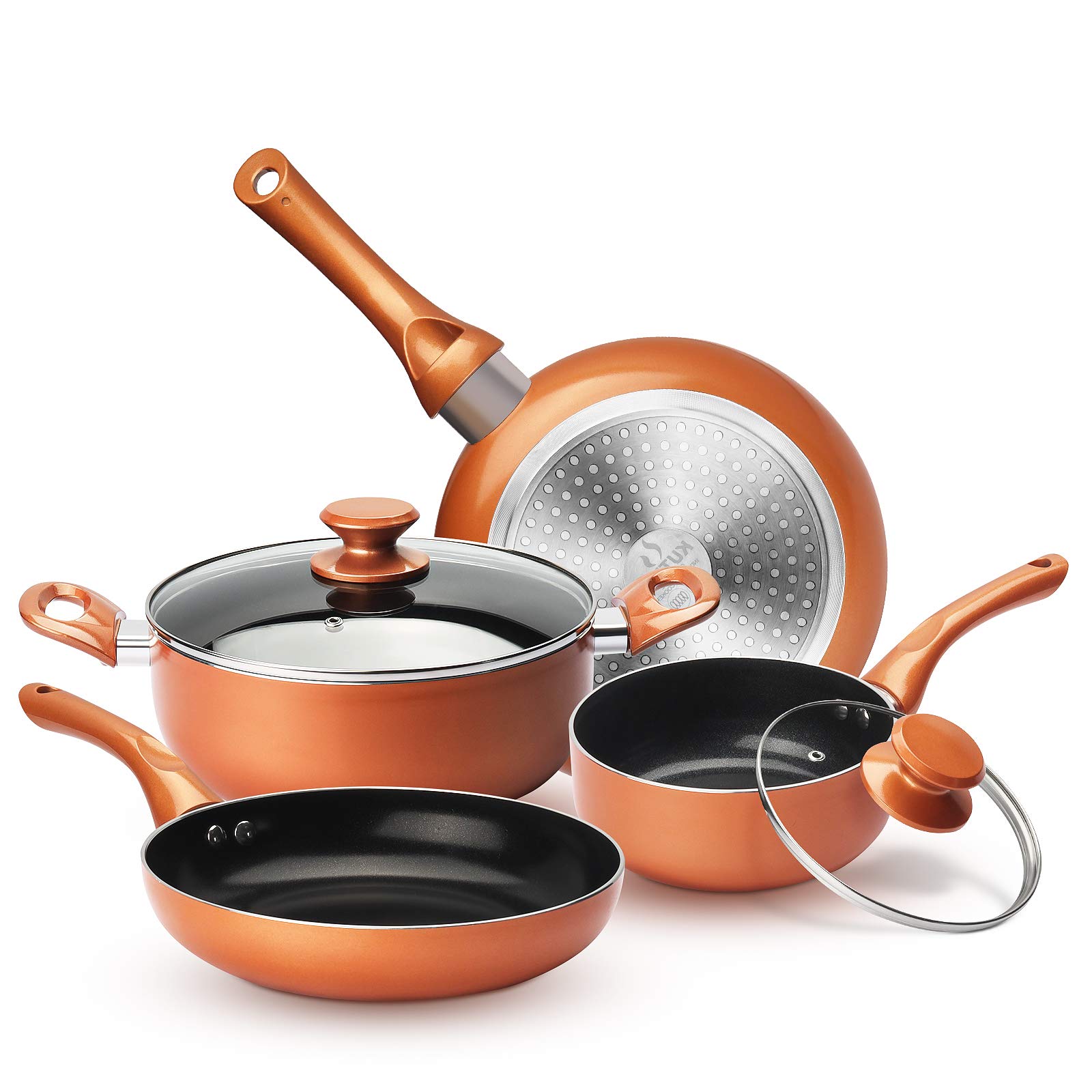 KUTIME 6pcs Cookware Set Pot and Pan Set Non-stick Frying Pans Set Ceramic Coating Soup Pot, Milk Pot, Copper Aluminum Pan...