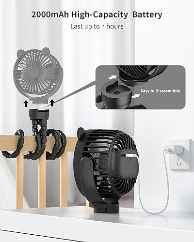 Miniatura 6 de Ventilador de cochecito de bebé, ventilador portátil recargable con batería de 2000 mAh, 3 velocidades de viento, rotación de 360 grados, nivel de