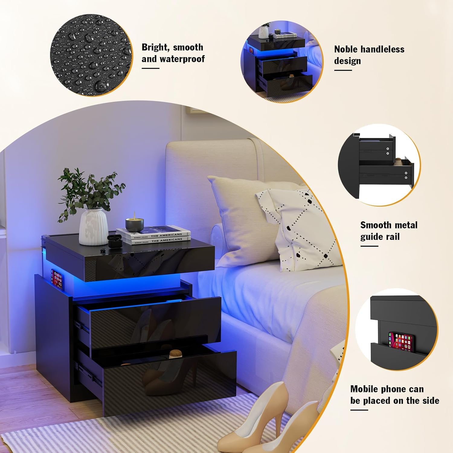 Moderno Comodino Lucido Nero Comodini Grande Comodino Tavolino con 2 cassetti per camera da letto, soggiorno