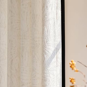 Curtains Living Room 2 Panels Beige White Grommet, Linen Texture Jacquard with Black Border Semi Sheer Curtain Bedroom Window, 34W x 63L Inch x 1 Panel