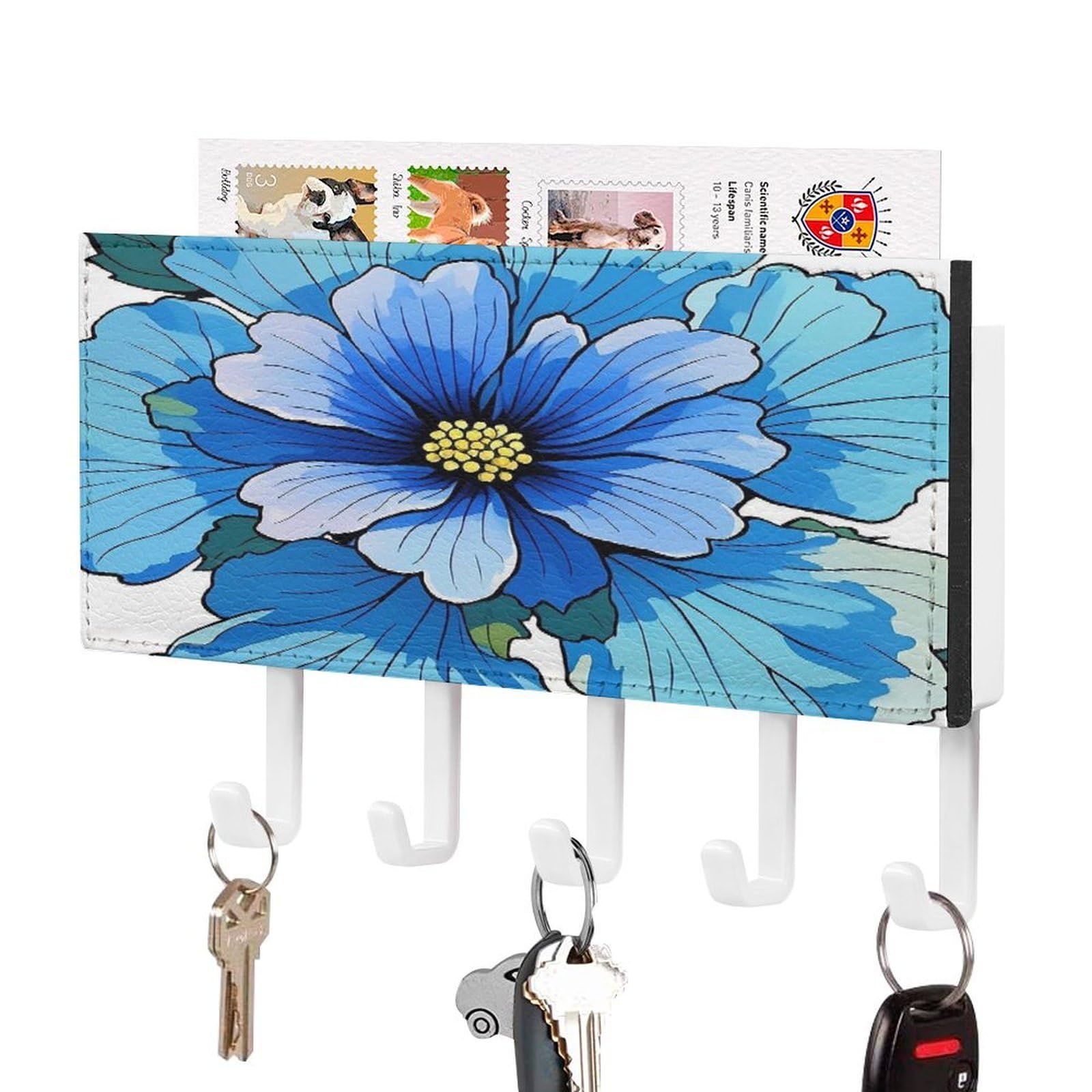 Organizador de llaves y cartas para pared con colgador adhesivo de flores y 5 ganchos