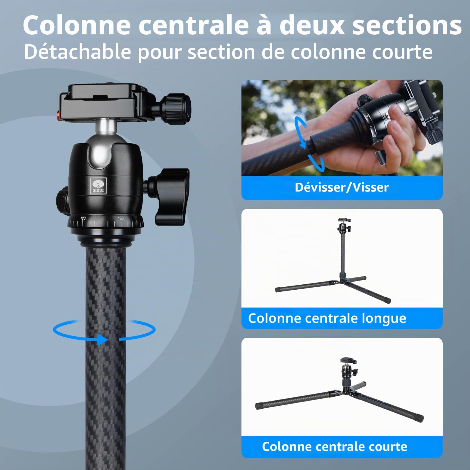 SIRUI Trépied en Fibre de Carbone avec Rotule Panoramique B-00K, 59.8'' Trépied de Voyage Compact, Jambes Pliables à l'envers à Déclenchement Rapide, Colonne Centrale Réversible, Charge Max 22lbs.