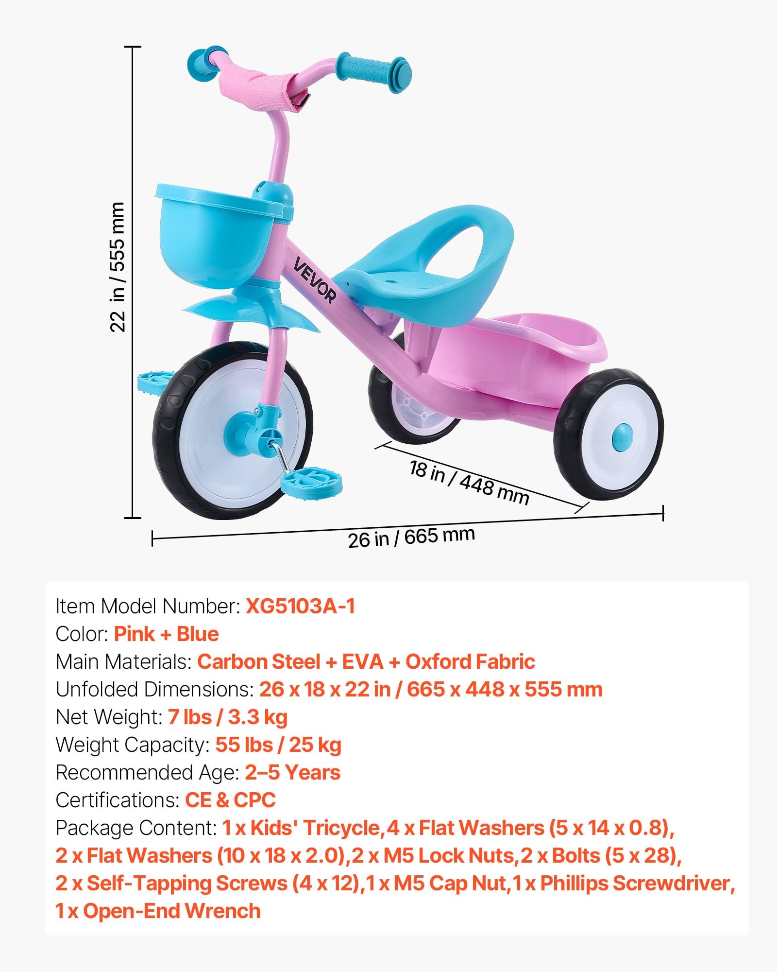 VEVOR Triciclo per Bambini da 2 a 5 Anni, Triciclo con Sedile Regolabile Cestino Posteriore Portaoggetti Telaio in Acciaio al Carbonio, Triciclo per Bambini con Manubrio Ruote in EVA, Rosa + Blu