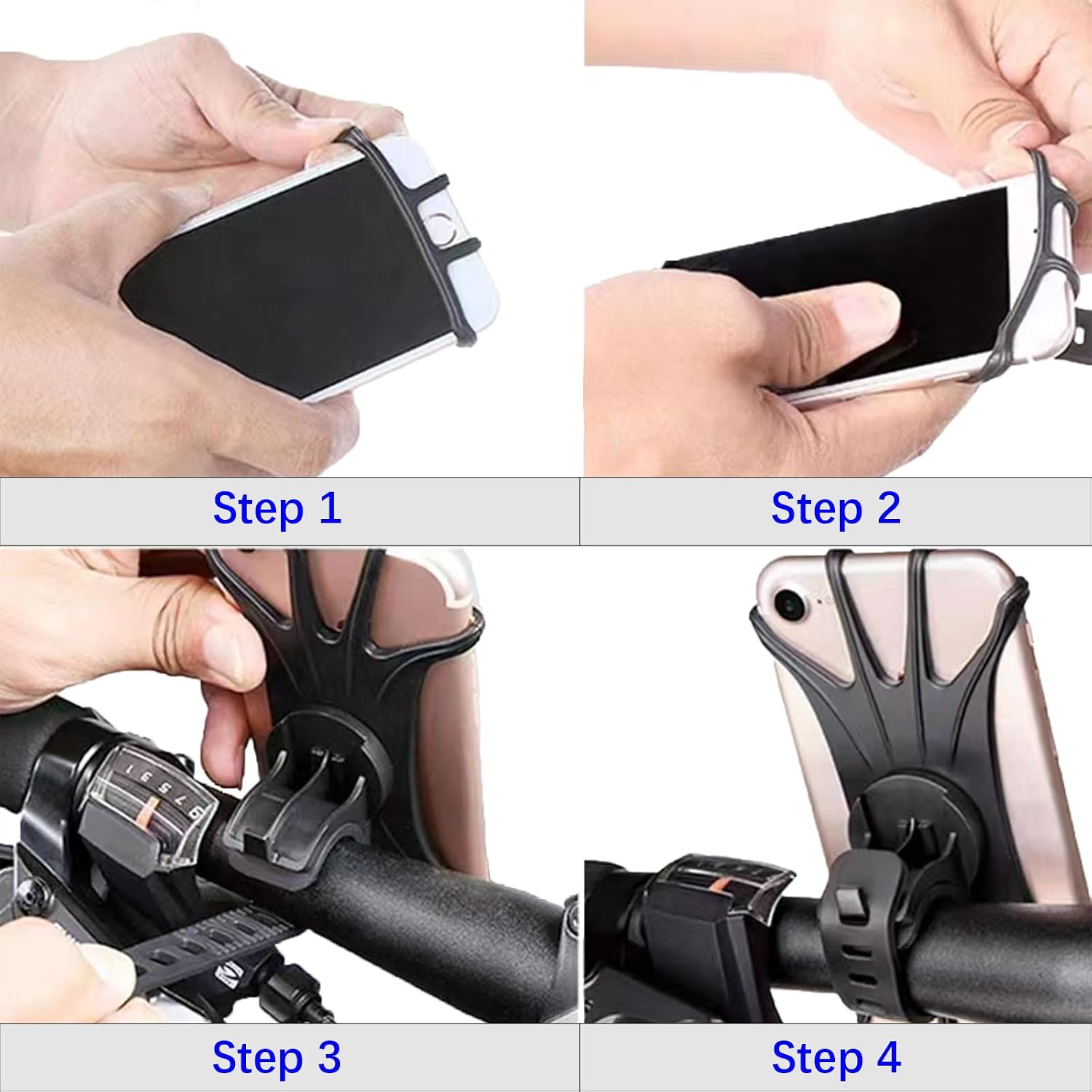 Bike Phone Mount, Motorcycle Handlebar, 360° Rotation Silicone Bicycle Phone Holder, Cell Phone Clamp, Scooter Phone Clip for iPhone and More 4.7" to 6.8" Smartphones (BLACK1)