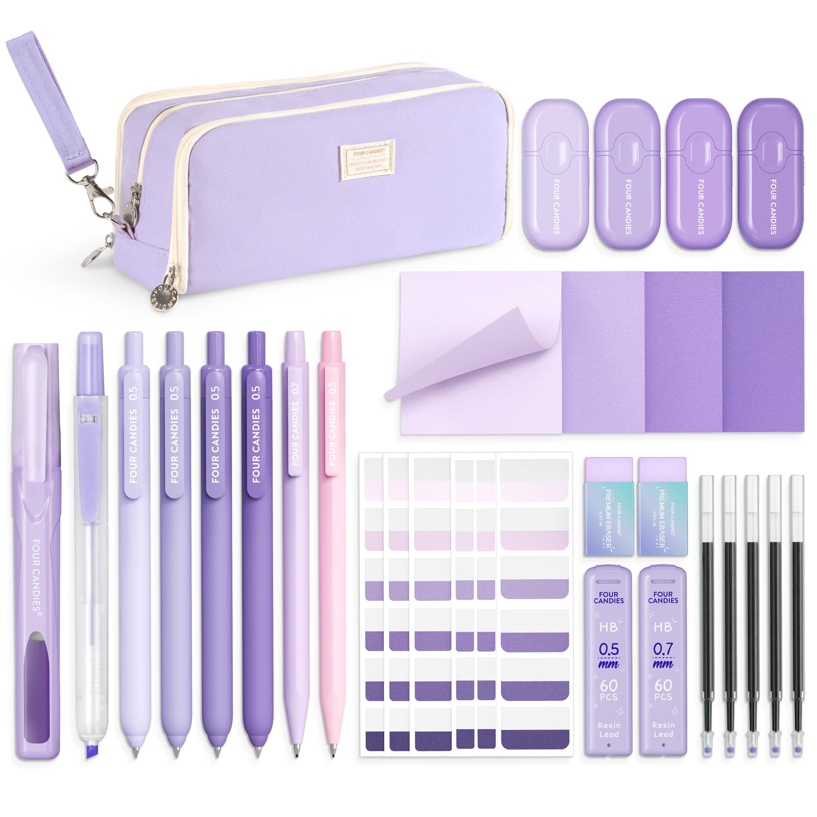Four Candies Aesthetic School Supplies, 4 Gel Pens with Black Ink, 4 Correction Tape, 2 Pastel Highlighters, 2 Mechanical Pencils, Sticky Notes, Index Post for Back to School Supplies with Case Purple