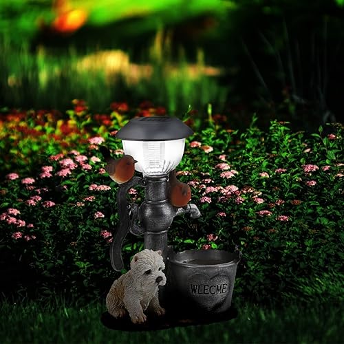 Miniatura 6 de Estatuas de jardín de resina para cachorros y pájaros, estatuas al aire libre con luces solares, esculturas solares de jardín, pozos y cuencas