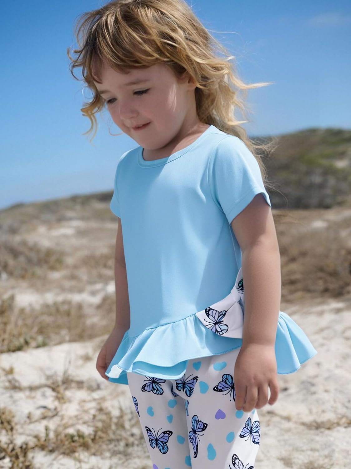 4-7T kids Girl Summer Outfit Short-Sleeve Bowknot Ruffled Hem Top and Floral Capri Pants Set - Image 2