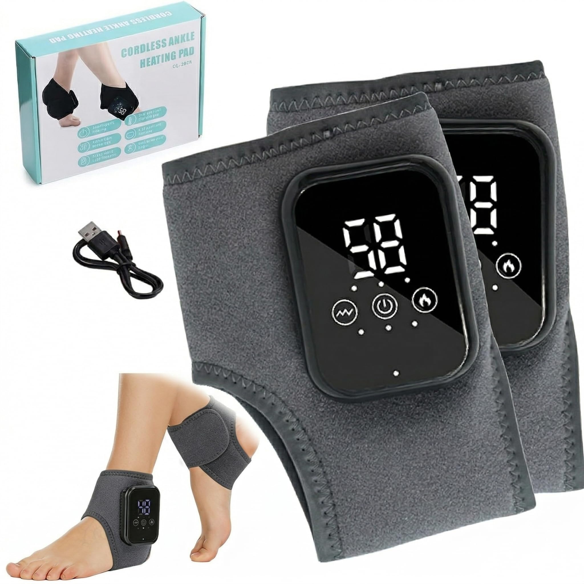 Fußmassagegerät, 3-in-1, Fußmassagegeräte für Schmerzen und Durchblutung, wiederaufladbares Knöchel- und Fersenmassagegerät, 2 Stück mit Wärme und 3 Modi, kabellose Therapie, Anthrazit (2 Stück)