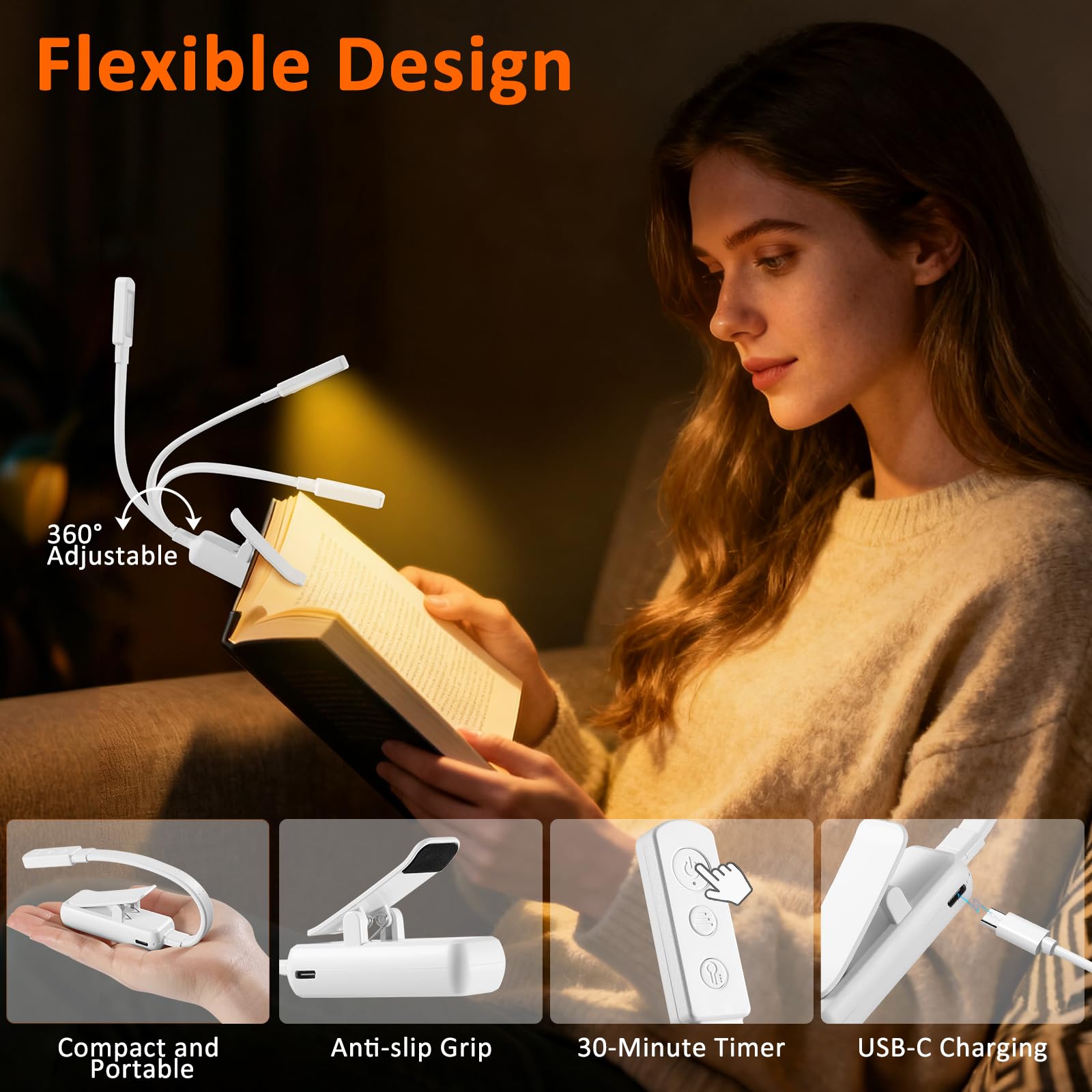VZZNN 10 luci da lettura a clip, luce ricaricabile con 5 LED, 3 temperature di colore e oscuramento continuo, lampada portatile da letto (bianco)