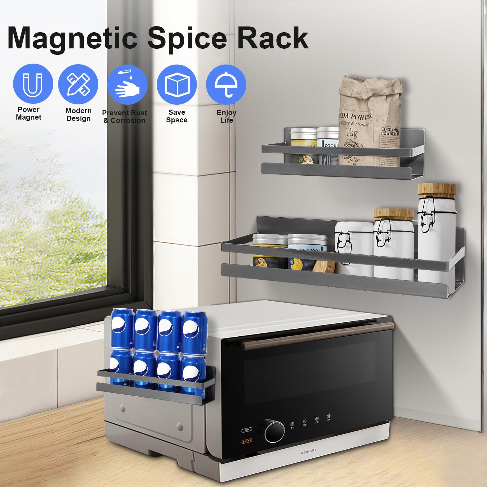 Uten Grande étagère à épices magnétique pour réfrigérateur, lot de 2 étagères magnétiques puissantes, étagère magnétique mobile pour la cuisine, contenir des épices, des bocaux, parfait pour