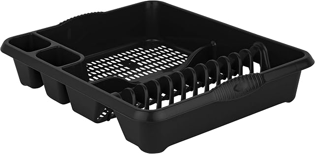 High Grade Large Plastic Dish Drainer Plate and Cutlery Rack Holder (Mid-Night Black)